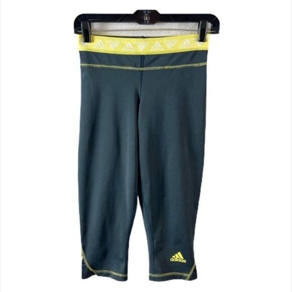 Adidas Compression Logo Band Capri Leggings Gray Yellow Womens Small Athletic - Picture 1 of 10